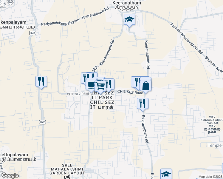 map of restaurants, bars, coffee shops, grocery stores, and more near CHIL SEZ Road in Coimbatore