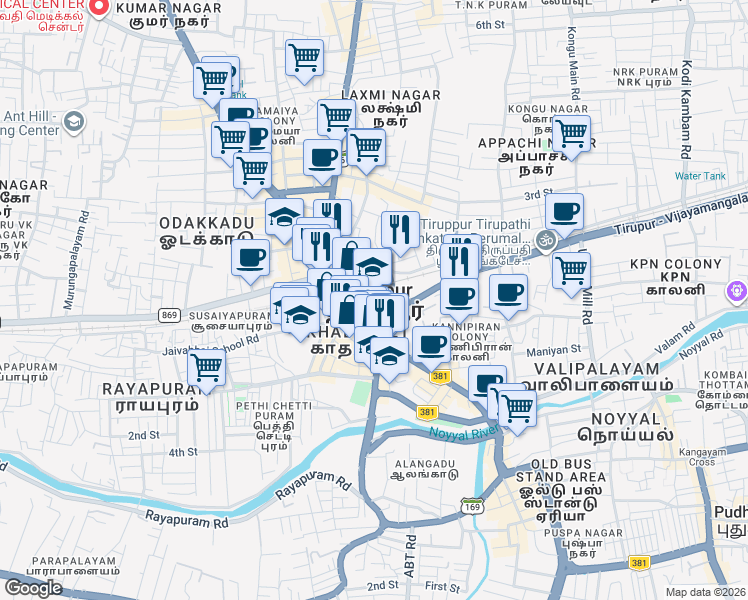 map of restaurants, bars, coffee shops, grocery stores, and more near in Tiruppur