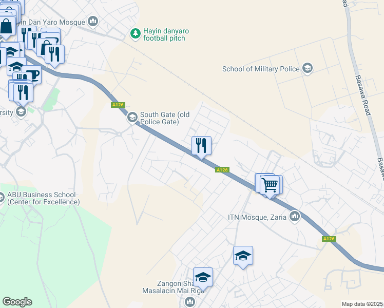 map of restaurants, bars, coffee shops, grocery stores, and more near A 126 in Zaria