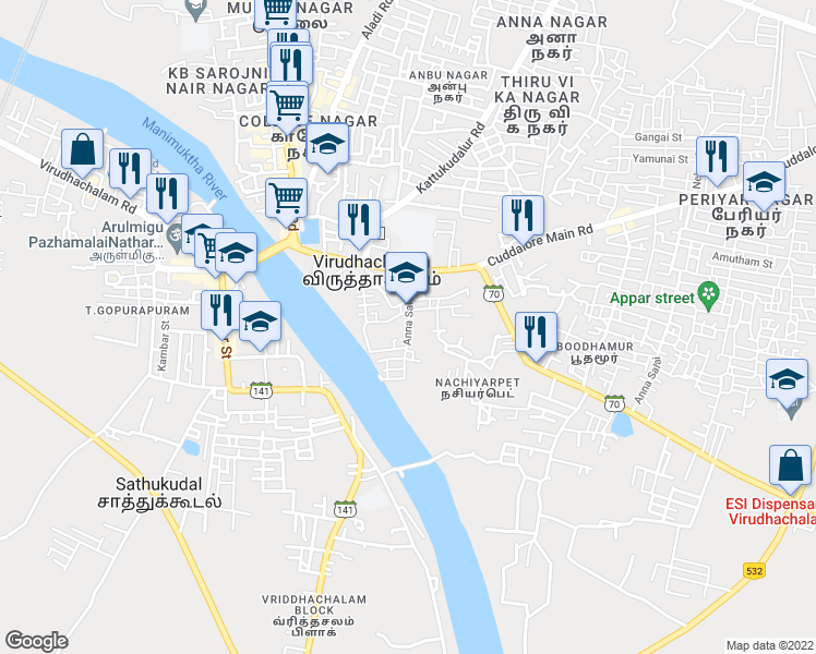 map of restaurants, bars, coffee shops, grocery stores, and more near Anna Salai in Cuddalore