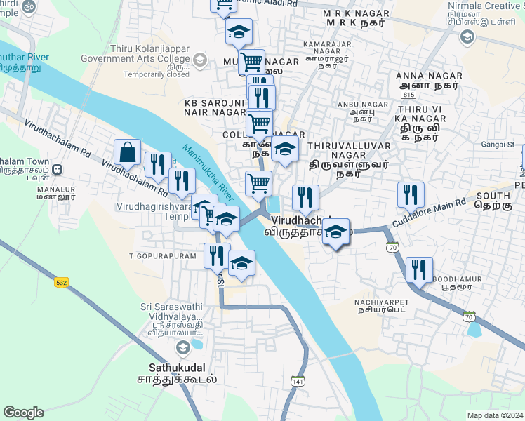 map of restaurants, bars, coffee shops, grocery stores, and more near Anna Salai in Virudhachalam
