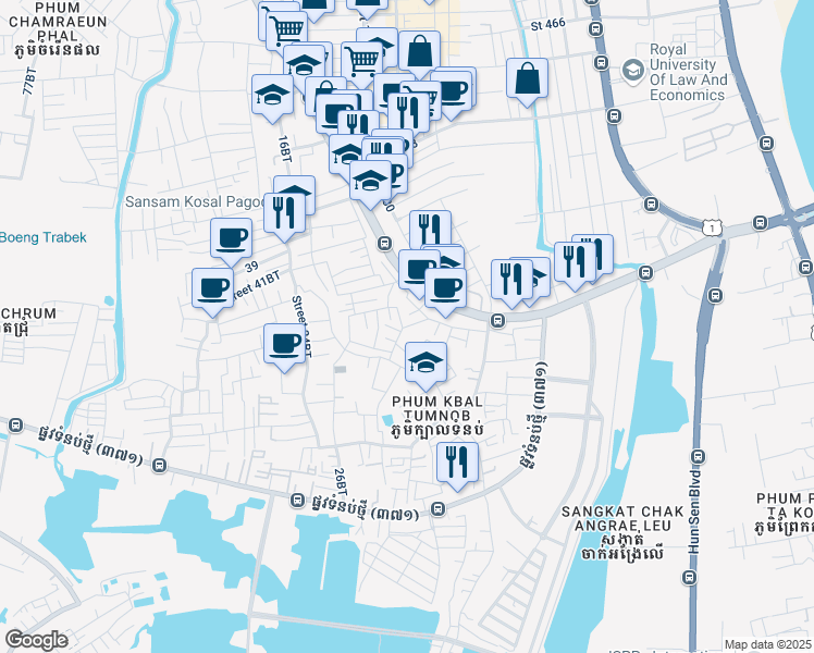 map of restaurants, bars, coffee shops, grocery stores, and more near 12302 Street 53Bt in Phnom Penh
