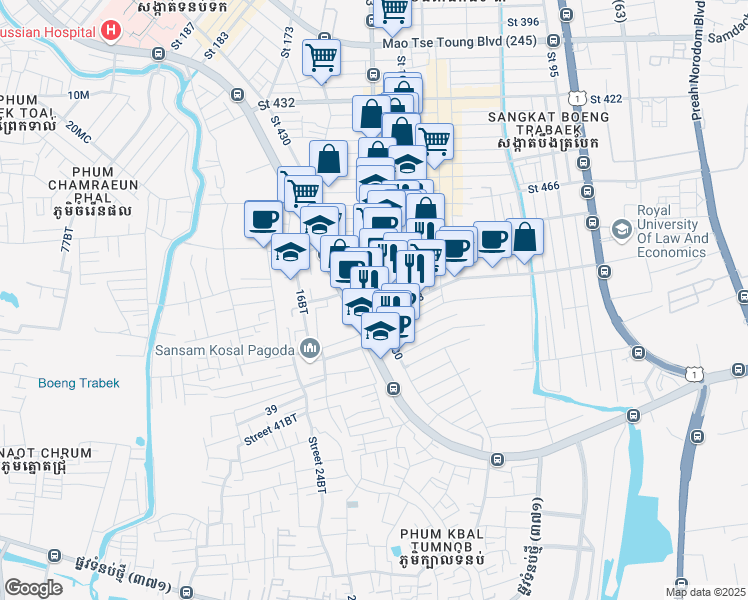 map of restaurants, bars, coffee shops, grocery stores, and more near Saint 430 in Phnom Penh