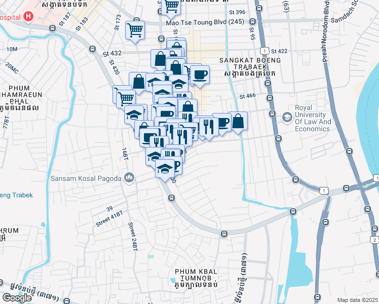 map of restaurants, bars, coffee shops, grocery stores, and more near 20 Saint 488 in Phnom Penh