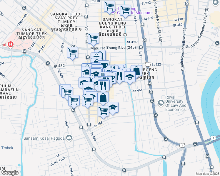 map of restaurants, bars, coffee shops, grocery stores, and more near 460 Saint 123 in Phnom Penh