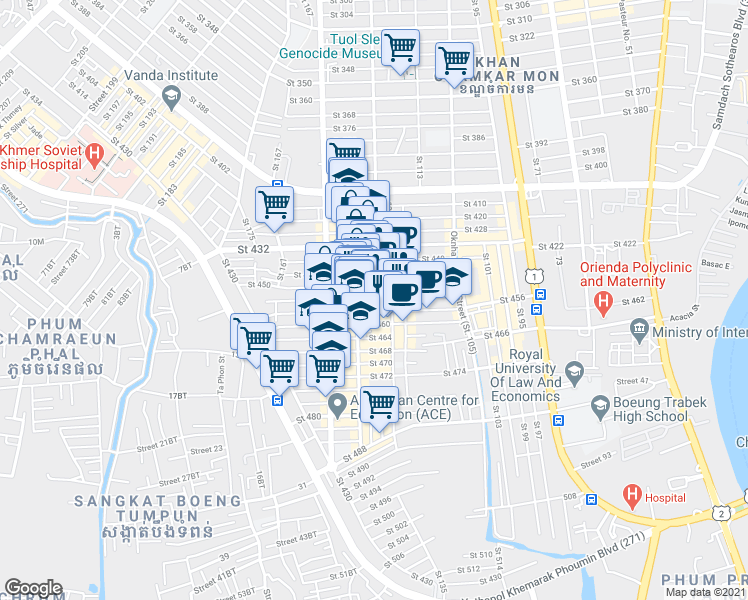 map of restaurants, bars, coffee shops, grocery stores, and more near 78 Saint 454 in Phnom Penh