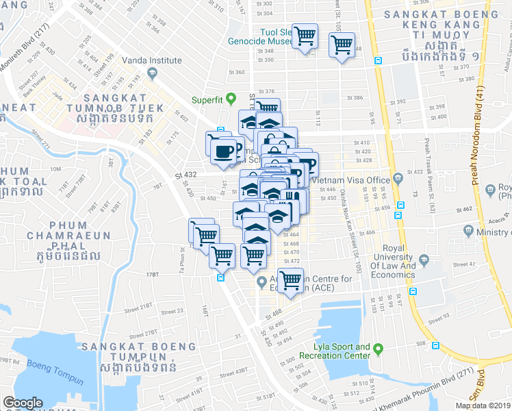 map of restaurants, bars, coffee shops, grocery stores, and more near 74 Saint 163 in Phnom Penh