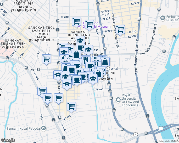 map of restaurants, bars, coffee shops, grocery stores, and more near Saint 440 in Phnom Penh