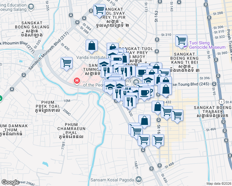 map of restaurants, bars, coffee shops, grocery stores, and more near Saint 430 in Phnom Penh