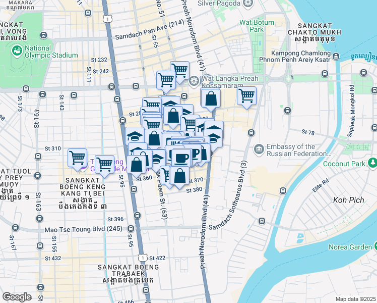 map of restaurants, bars, coffee shops, grocery stores, and more near 12302 Street 53Bt in Phnom Penh