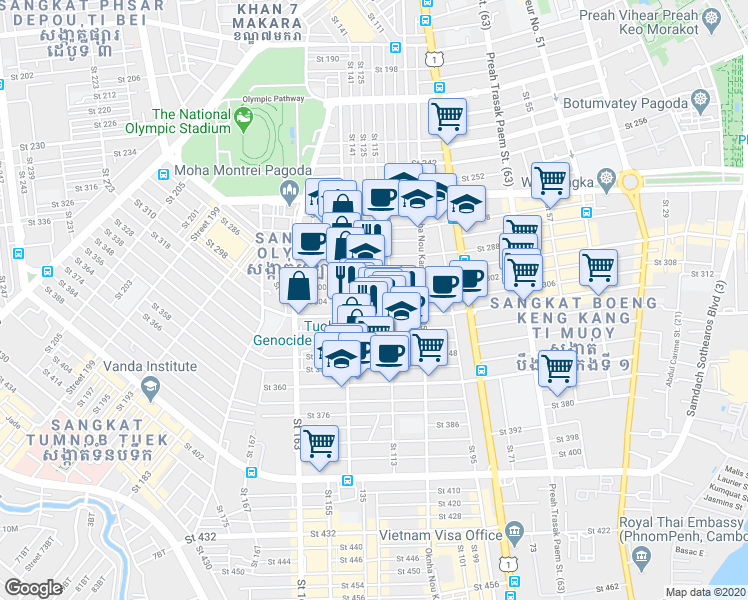 map of restaurants, bars, coffee shops, grocery stores, and more near 304 in Phnom Penh