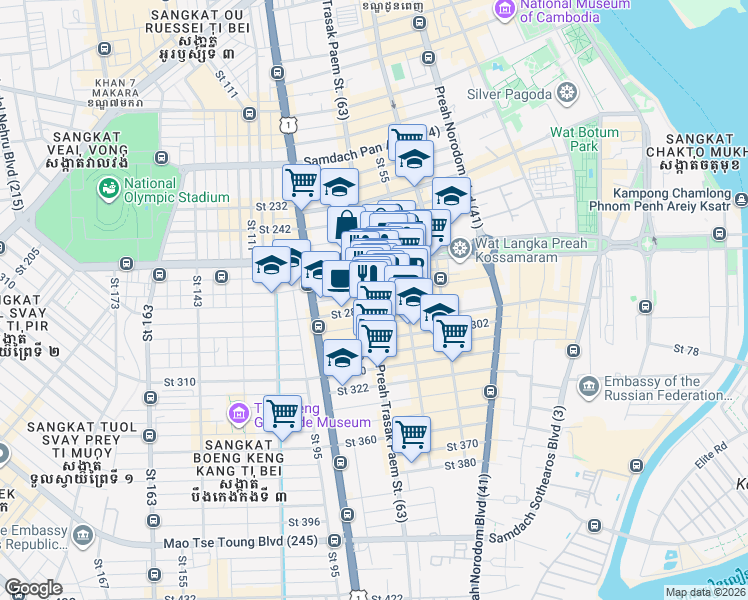 map of restaurants, bars, coffee shops, grocery stores, and more near 172 Preah Trasak Paem St. (63) in Phnom Penh