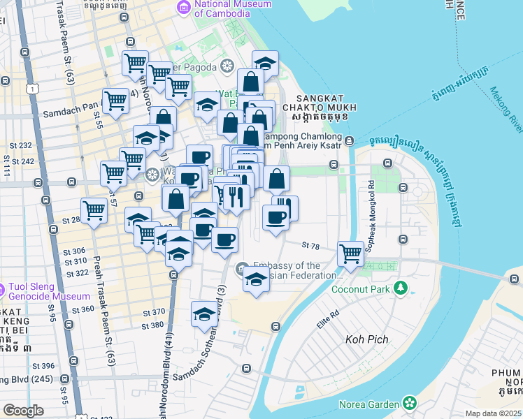 map of restaurants, bars, coffee shops, grocery stores, and more near 3 Samdach Sothearos Boulevard (3) in Phnom Penh