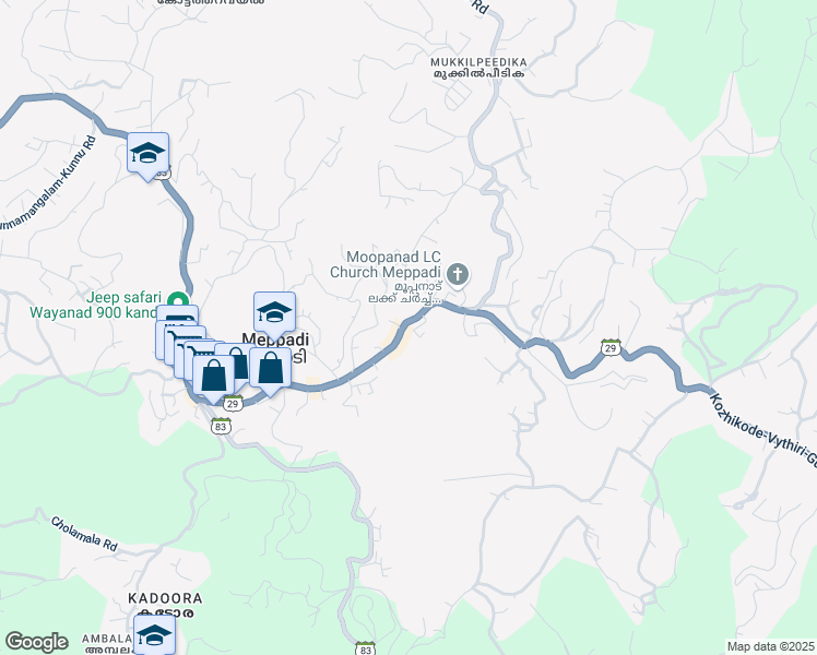 map of restaurants, bars, coffee shops, grocery stores, and more near Ooty Rd in Meppadi