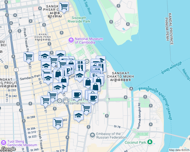 map of restaurants, bars, coffee shops, grocery stores, and more near 3 Samdach Sothearos Boulevard (3) in Phnom Penh
