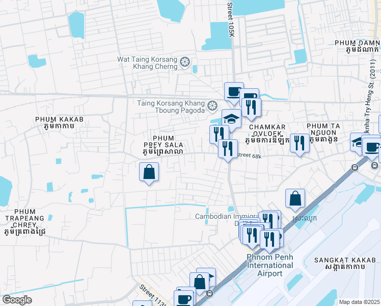 map of restaurants, bars, coffee shops, grocery stores, and more near 102 Street 68k in Phnom Penh