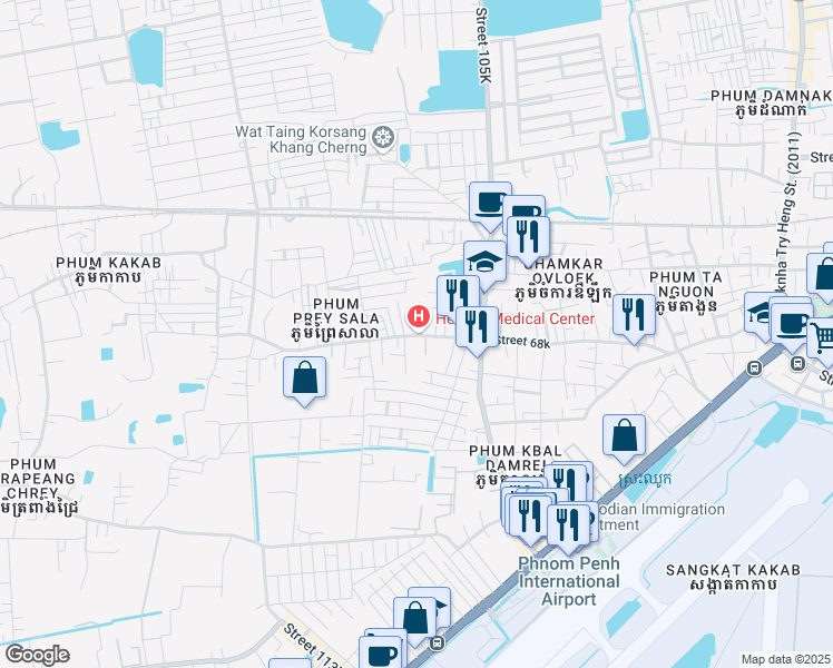 map of restaurants, bars, coffee shops, grocery stores, and more near 102 Street 68k in Phnom Penh