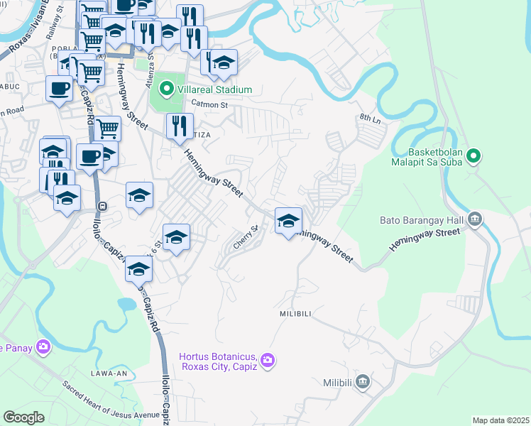 map of restaurants, bars, coffee shops, grocery stores, and more near Hemingway Street in Roxas City