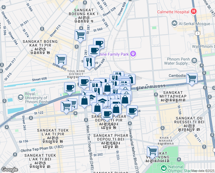 map of restaurants, bars, coffee shops, grocery stores, and more near Russian Federation Blvd. (110) in Phnom Penh