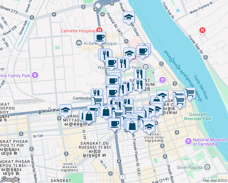 map of restaurants, bars, coffee shops, grocery stores, and more near in Phnom Penh
