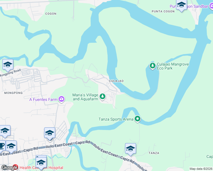 map of restaurants, bars, coffee shops, grocery stores, and more near Barangay Culajao Road in Roxas City
