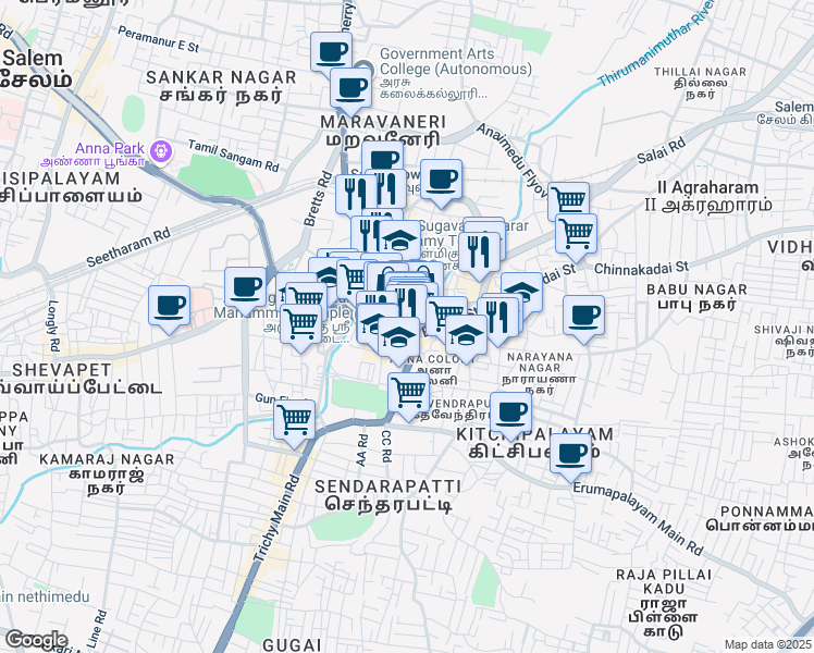 map of restaurants, bars, coffee shops, grocery stores, and more near 40 Fairlands Main Road in Salem