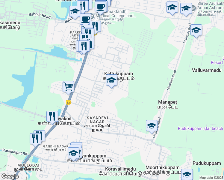 map of restaurants, bars, coffee shops, grocery stores, and more near Varkalodai Road in Kattukuppam