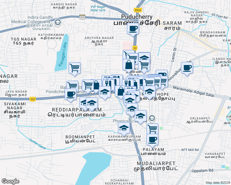 map of restaurants, bars, coffee shops, grocery stores, and more near NH 45A in Puducherry