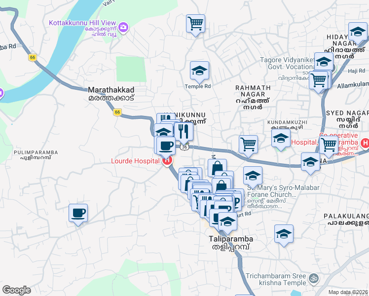 map of restaurants, bars, coffee shops, grocery stores, and more near Thaliparamba–Iritty Road in Taliparamba