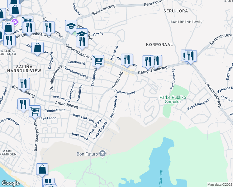 map of restaurants, bars, coffee shops, grocery stores, and more near Mamayaweg in Willemstad