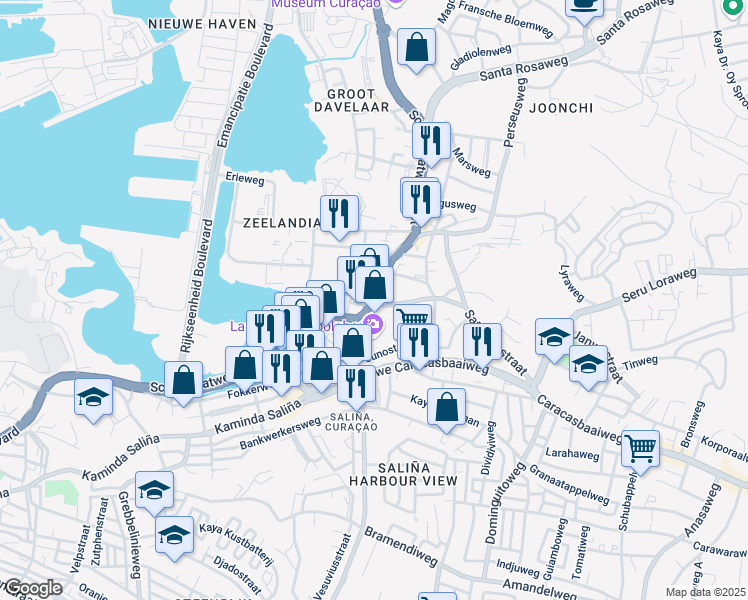 map of restaurants, bars, coffee shops, grocery stores, and more near 40 Schottegatweg Oost in Willemstad