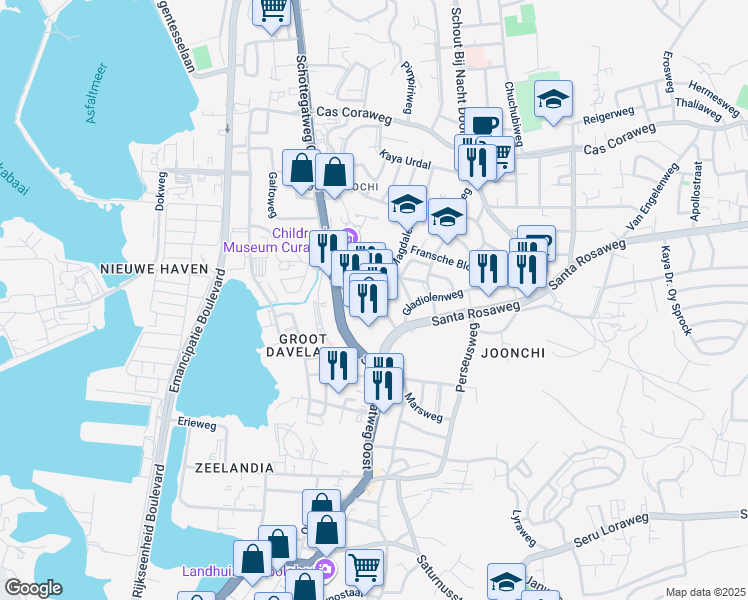 map of restaurants, bars, coffee shops, grocery stores, and more near Zuikertuintjeweg in Willemstad