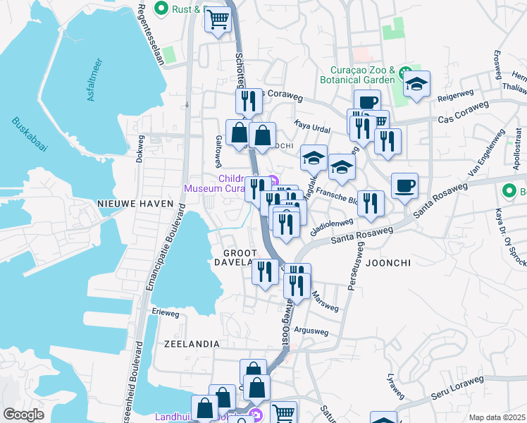 map of restaurants, bars, coffee shops, grocery stores, and more near 40 Schottegatweg Oost in Willemstad