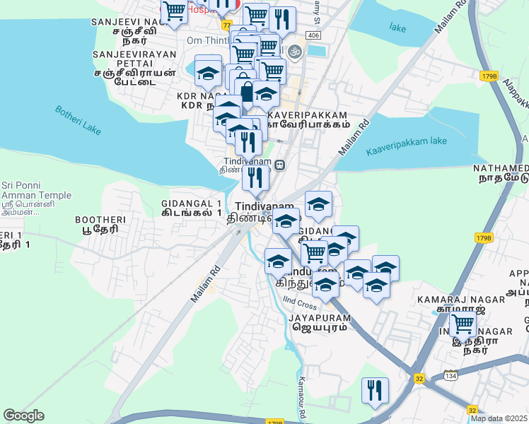 map of restaurants, bars, coffee shops, grocery stores, and more near GST Road in Tindivanam