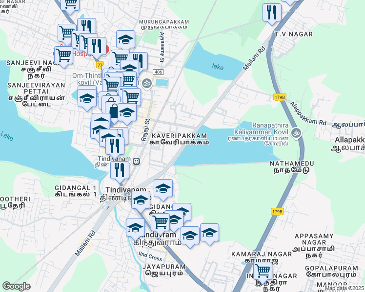 map of restaurants, bars, coffee shops, grocery stores, and more near GST Road in Tindivanam