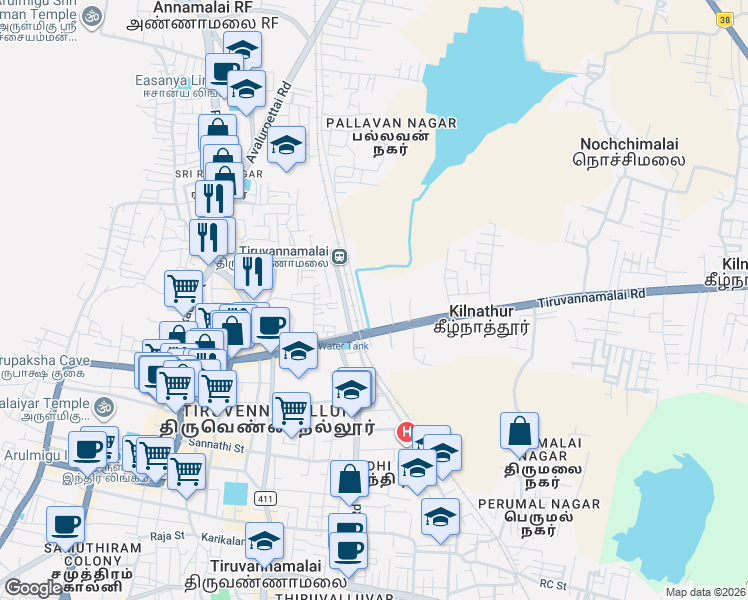 map of restaurants, bars, coffee shops, grocery stores, and more near Railway Station Road in Tiruvannamalai