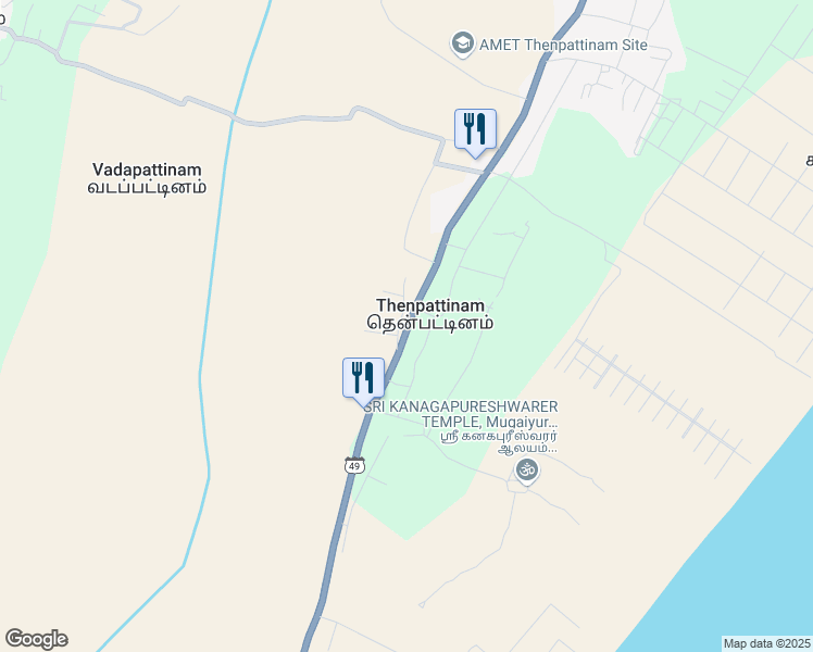 map of restaurants, bars, coffee shops, grocery stores, and more near State Highway 49 in Thenpattinam