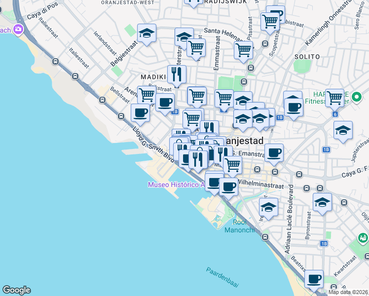 map of restaurants, bars, coffee shops, grocery stores, and more near in Oranjestad