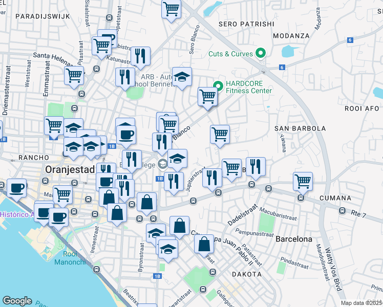 map of restaurants, bars, coffee shops, grocery stores, and more near in Oranjestad