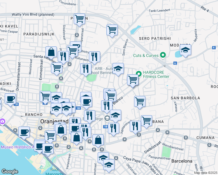 map of restaurants, bars, coffee shops, grocery stores, and more near in Oranjestad