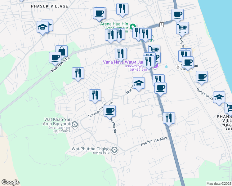 map of restaurants, bars, coffee shops, grocery stores, and more near Hua Hin 114 in Tambon Nong Kae