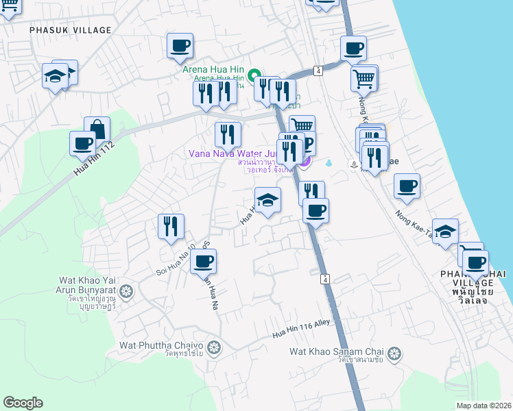 map of restaurants, bars, coffee shops, grocery stores, and more near Hua Hin 114 in Tambon Nong Kae