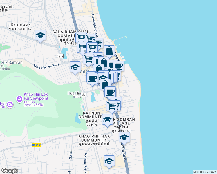 map of restaurants, bars, coffee shops, grocery stores, and more near Damnoen Kasam Alley in Hua Hin