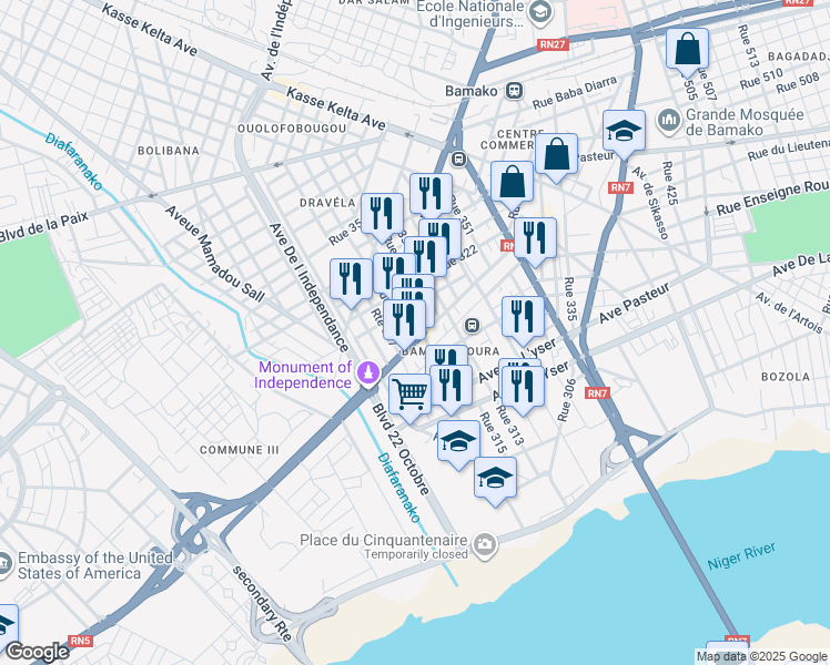map of restaurants, bars, coffee shops, grocery stores, and more near in Bamako