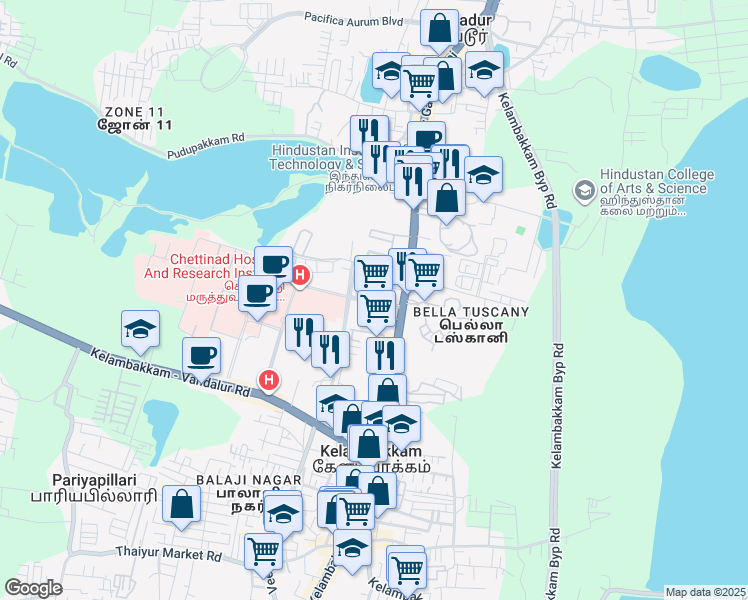 map of restaurants, bars, coffee shops, grocery stores, and more near Old Mahabalipuram Road in Chennai