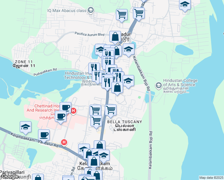 map of restaurants, bars, coffee shops, grocery stores, and more near Hindustan University Lane in Padur