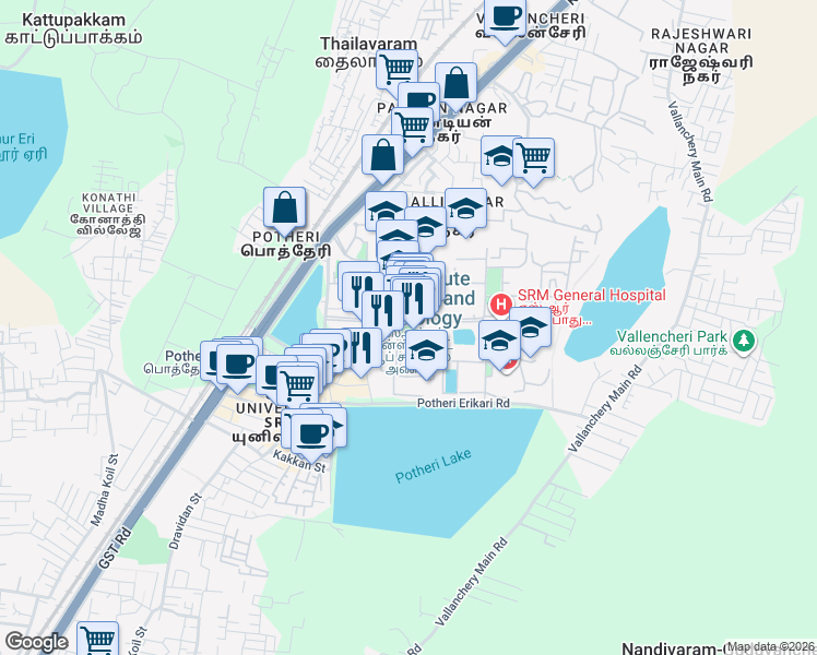 map of restaurants, bars, coffee shops, grocery stores, and more near SRM University Dr. Radhakrishnan Road in Kattankulathur