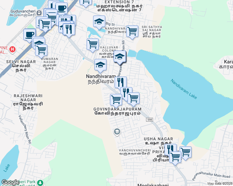 map of restaurants, bars, coffee shops, grocery stores, and more near Nellikuppam Road in Guduvanchery