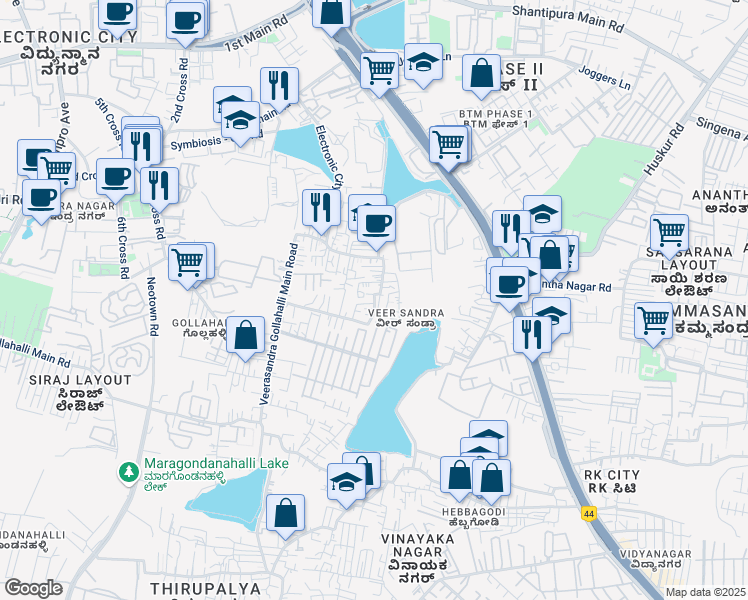 map of restaurants, bars, coffee shops, grocery stores, and more near 46 3rd Cross Road in Bengaluru