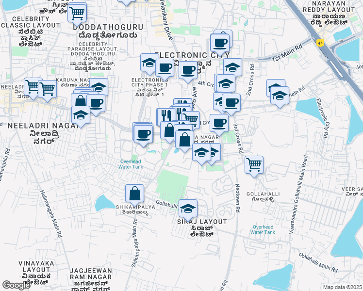 map of restaurants, bars, coffee shops, grocery stores, and more near in Bengaluru
